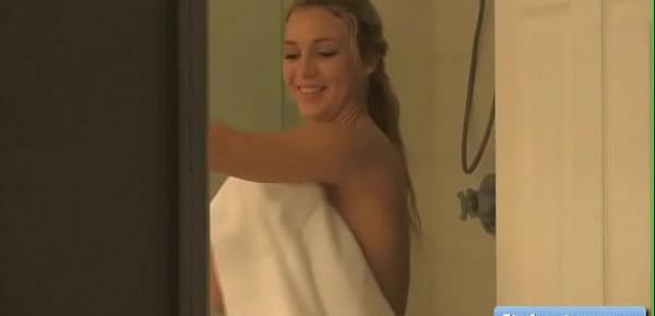  Sexy busty blonde teen amateur Zoey masturbating while taking a steamy hot shower